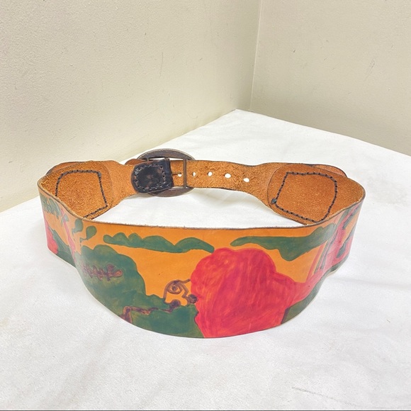 Vintage handmade hand painted wide leather belt 38” - Picture 11 of 16